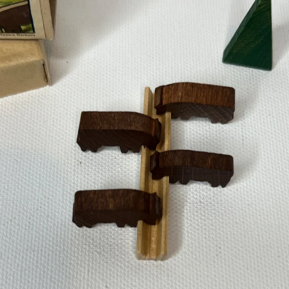 Vintage Wooden Buffalo Play Set w/ 4 Figures, Fence & Tree, Made Western Germany